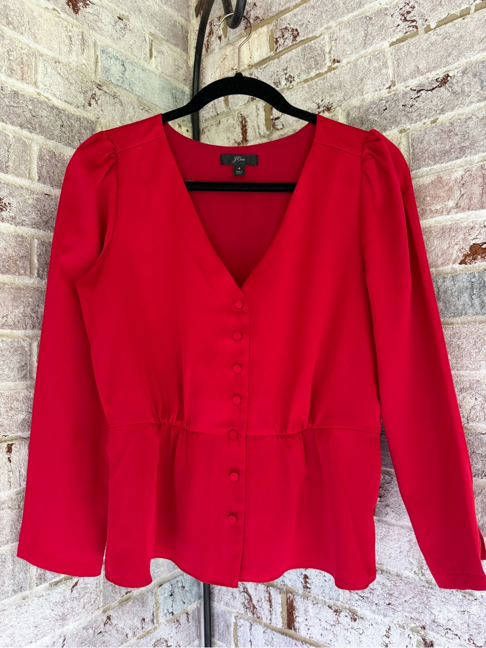 J. Crew Red V-Neck Button-Front Peplum Blouse